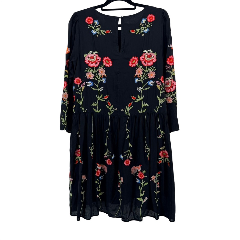 Anthropologie Maeve Allison Tunic Black Floral Birds Embroidered Babydoll Boho M - Picture 3 of 12